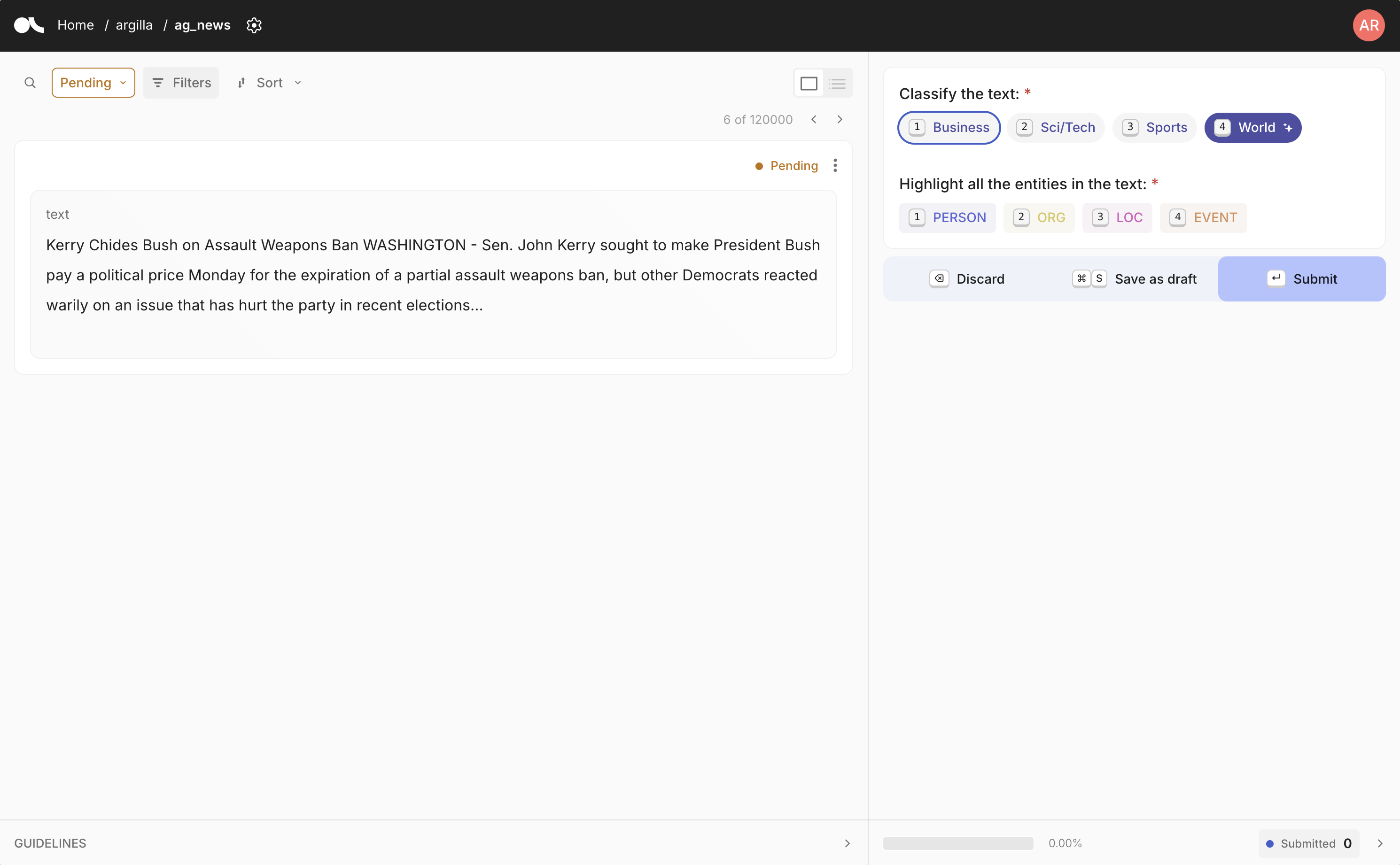 Screenshot of the dataset in Argilla.