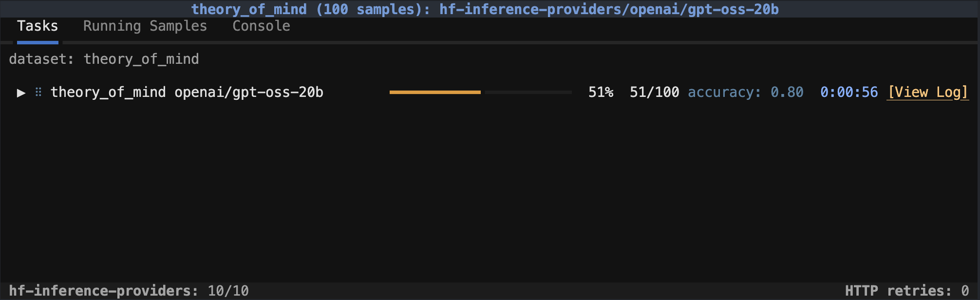 Screenshot of theory of mind's eval with gpt-oss-20b