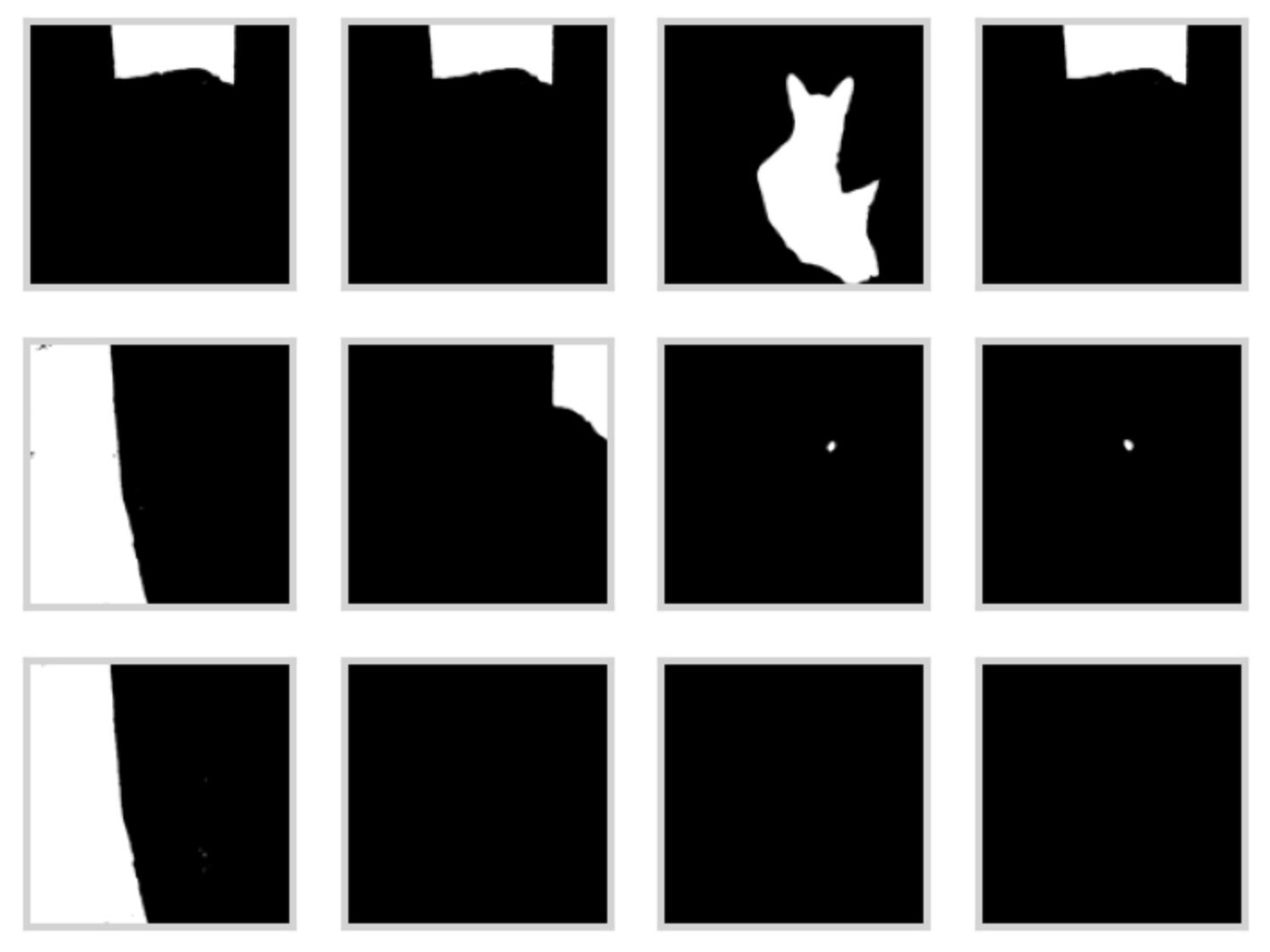 Grid of black and white generated masks