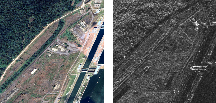 Figure 7: Example of optical and SAR pair (both in slant-range plane).